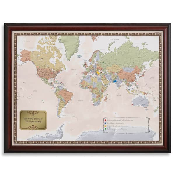 Personalized World Traveler Map Set Framed with Pins