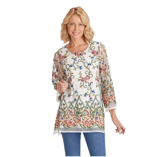 Long Sleeve Embroidery on Net-Scoop Neck Long Fit Tunic