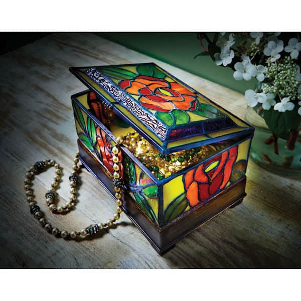 Stained Glass Roses Light-Up Jewelry Box