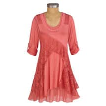 Alternate image Womens 36in. Long Roll-Tab Sleeve Lace Coral Tunic- Peach - Plus Sizes