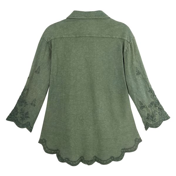 Product image for Scalloped Edge Embroidered Shirt-Green