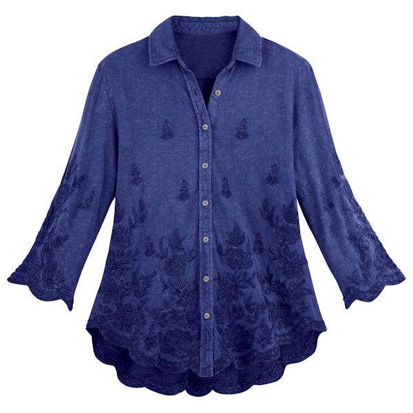 Product image for Scalloped Edge Embroidered Shirt-Purple