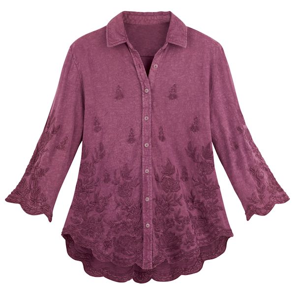Product image for Scalloped Edge Embroidered Shirt-Raspberry