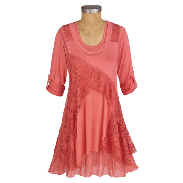 Womens 36in. Long Roll-Tab Sleeve Lace Coral Tunic- Peach - Plus Sizes