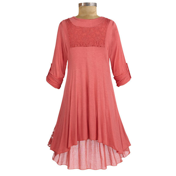 Womens 36in. Long Roll-Tab Sleeve Lace Coral Tunic- Peach - Plus Sizes
