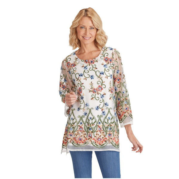 Long Sleeve Embroidery on Net-Scoop Neck Long Fit Tunic