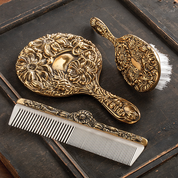 Antique Brass Brush Comb And Mirror Gift Set