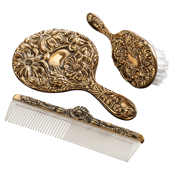 Antique Brass Brush Comb And Mirror Gift Set