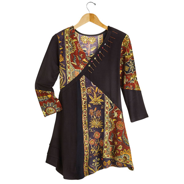 Women's Tunic Top - Floral Tapestry Patchwork Long Sleeve Blouse