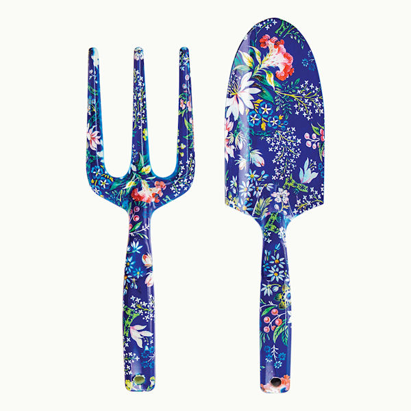 Blue Floral Garden Tools: Trowel and Hand Fork Set