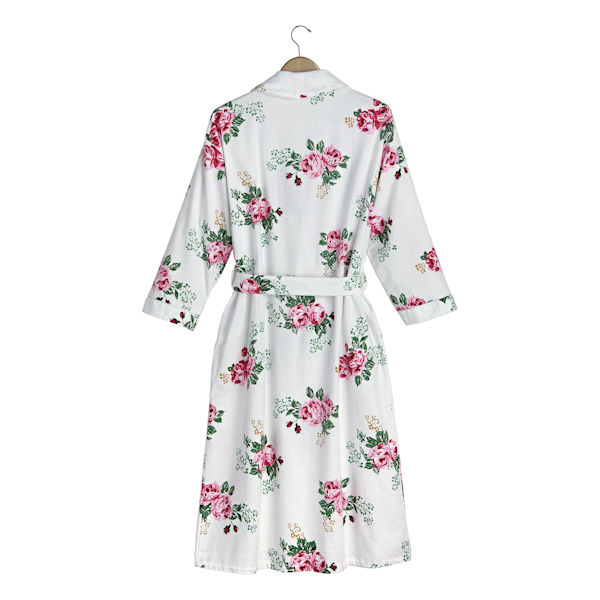 Product image for Rose Print Flannel Robe - 3/4-Length Sleeve White Floral Kimono
