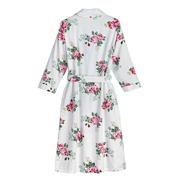 Product image for Rose Print Flannel Robe - 3/4-Length Sleeve White Floral Kimono