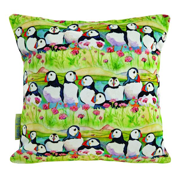 Puffin and Flowers Pillow Cover