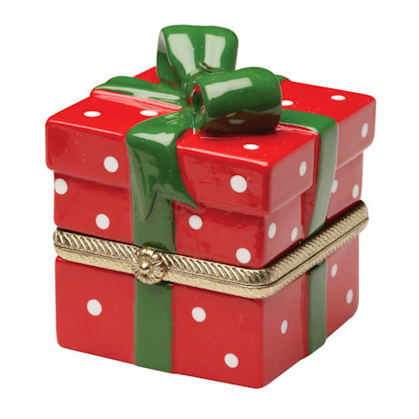 Porcelain Surprise Ornament - Red Gift Box with Green Ribbon and White Dots