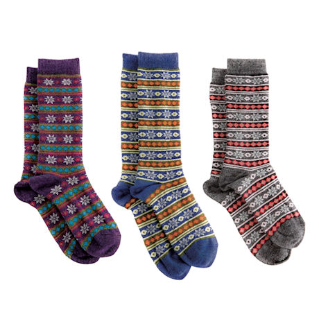 Women's Alpaca Wool Socks - Winter Snowflakes & Stripes
