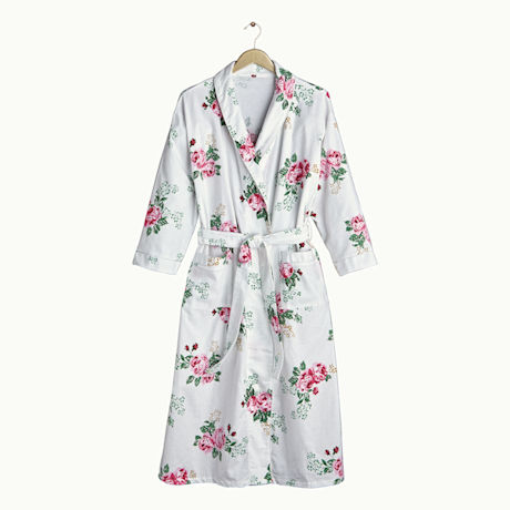 Rose Print Flannel Robe - 3/4-Length Sleeve White Floral Kimono
