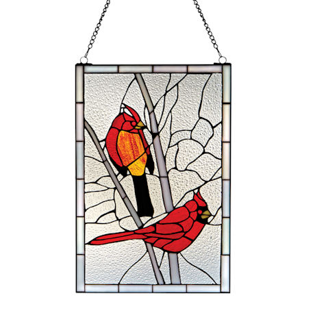 Cardinals and Birches Art Glass Panel