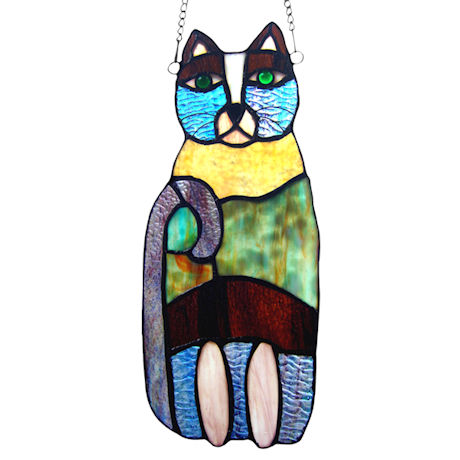 Watchful Cat Stained Glass Window Panel